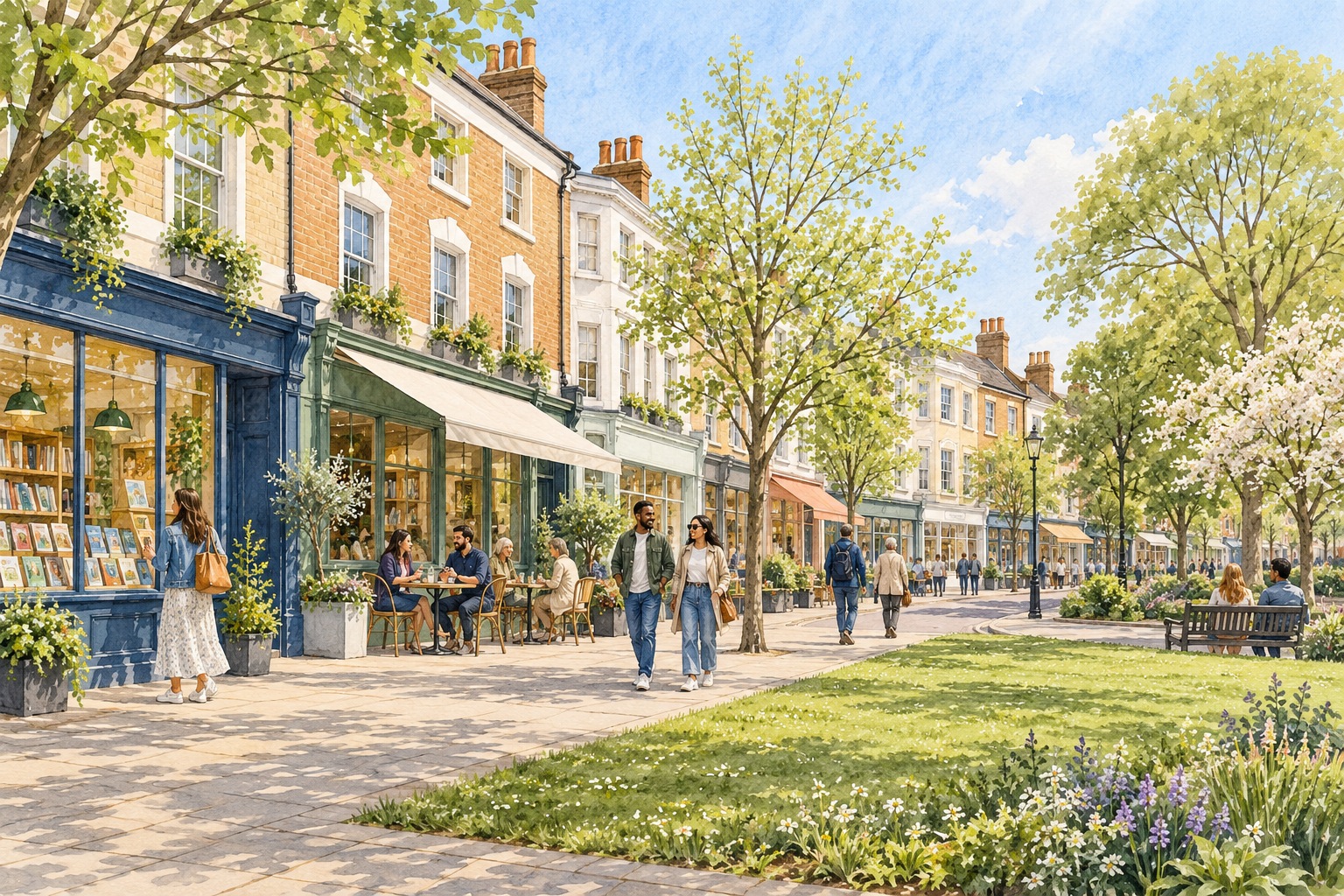Representative watercolour illustration of Ealing neighbourhood shops and a green
