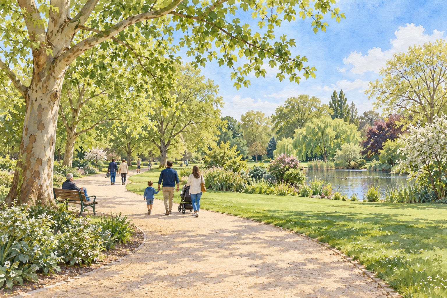 Representative watercolour illustration of a leafy Ealing park walk